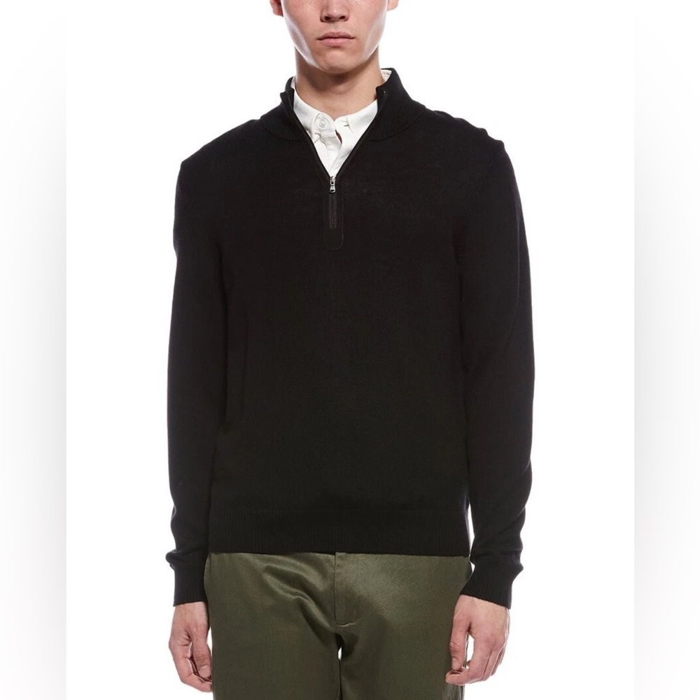 NWT Bruno Magli Plaited 1/4-Zip Merino Wool Mock Neck Sweater Men's Black Large